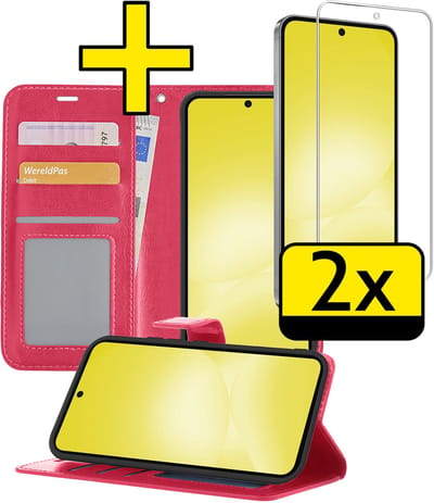 Hoesje - Met 2x Screenprotector - Geschikt voor Samsung Galaxy A56 - Luxe Pasjeshouder - Bookcase Portemonee - Flip Case - Kunstleer Book Case - Flipcase Hoes - Book Cover - Walletcase - Portemonneehoes - Telefoonhoesjes - Donkerroze