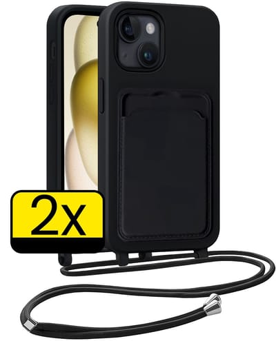 Hoesje Geschikt voor iPhone 15 Plus Telefoonhoesje Met Koord Case Pashouder Siliconen - Hoes Geschikt voor iPhone 15 Plus Hoesje Met Kaarthouder - Zwart - 2 Stuks