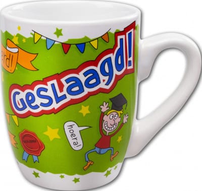 Mok - Snoep - Geslaagd! - Goed gedaan! - Cartoon - In cadeauverpakking met gekleurd krullint