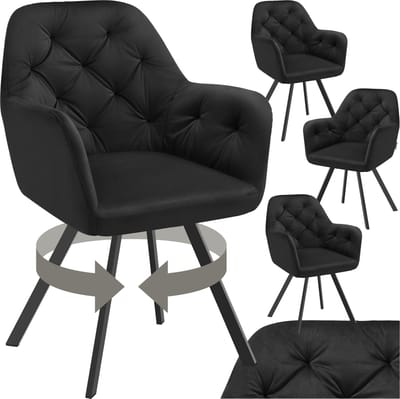tectake® Draaistoel Fluweellook – Eetkamerstoel met Armleuningen – Ergonomische Zitting en Rugleuning – 180° Draaibaar – Moderne Stalen Poten – Set van 4 – Zwart