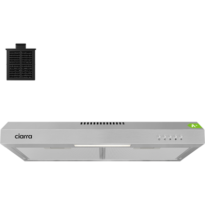 Ciarra slank 60 cm afzuigkap voor montage op een kast – roestvrijstalen behuizing, compact ontwerp, dubbele ventilatieoptie, bediening met drukknoppen