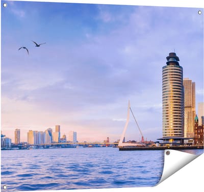 Gards Tuinposter Rotterdamse Skyline aan het Water - 100x80 cm - Tuindoek - Tuindecoratie - Wanddecoratie buiten - Tuinschilderij