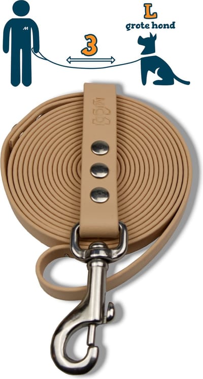 Miqdi hondenriem – BioThane ® - creme - 3 meter lang - 19 mm breed - L/XL - grote hond