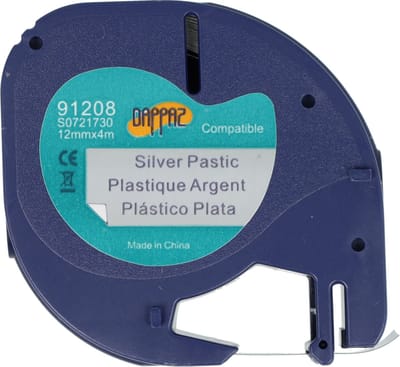 Dappaz - Dymo Plastic Labels Zwart op ZILVER Compatible - Geschikt voor Dymo LetraTag Labelprinter - Labeltape 91208 - 12 mm x 4 m - 1 stuk