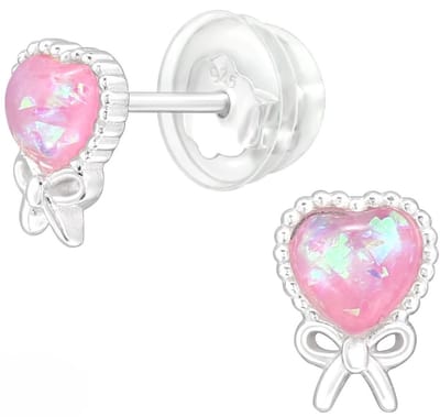 Joy|S - Zilveren hartje oorbellen - roze opaal - met strikje - 5.4 x 7.3 mm - kinderoorbellen met siliconen vlinder sluiting