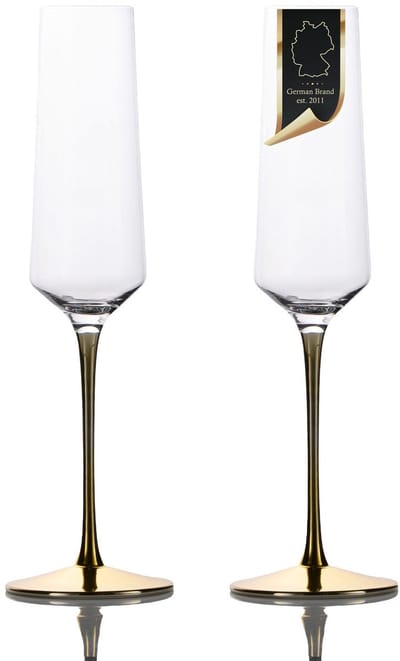 Intirilife 2x Champagneglas met goudkleurige steel - 200 ml inhoud - champagne prosecco glas kristalglas schokbestendig