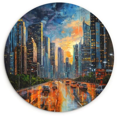 WallCircle® Wandcirkel 120x120 cm - Muurcirkel Auto - Skyline - Zon - Blauw - Muurdecoratie woonkamer - Wanddecoratie slaapkamer - Kamer decoratie accessoires - Ronde schilderijen XXL