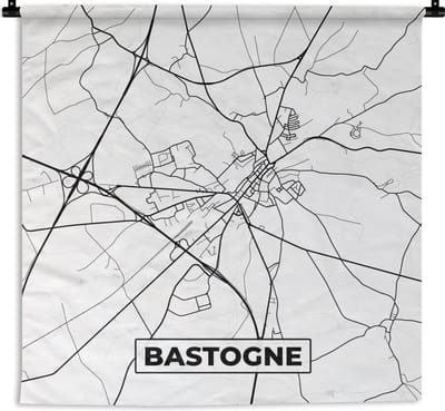 Wandkleed - Wanddoek - Zwart Wit – België – Plattegrond – Stadskaart – Kaart – Bastogne - 90x90 cm - Wandtapijt