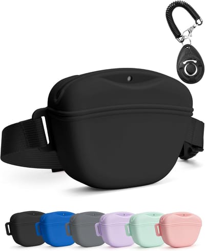 Hondensnackzakje met Trainingsclicker - Sterke Magneetsluiting - 400ml Siliconen Snacktas Heuptas met Riem voor Training & Wandelen - Zwart - 1 Stuk