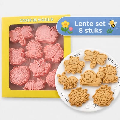 8-delige Lente Koekjesvormen Set – 3D Uitstekers met Stempel – Bij, Vlinder, Lieveheersbeestje & Libelle – Biscuit & Fondant Vormen voor Kinderfeest en Taartdecoratie