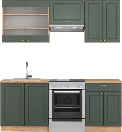 Vicco Fame-Line Complete keukeneenheid – 200 cm, WB Eik Groen-Goud Land/Goud Power Eik