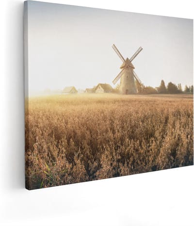 Artaza Canvas Schilderij Korenveld - 50x40 cm - Wanddecoratie Zonsondergang - Muurdecoratie Molen - Kamer Accessoires Landschap - Herfst