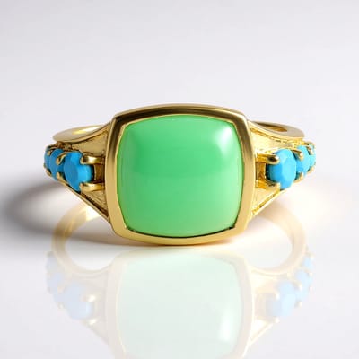 Cavill - Zilveren ring verguld - 3 6 ct chrysopraas en Sleeping Beauty turkooizen - antieke kussencabochon - 925 sterling zilver ringen