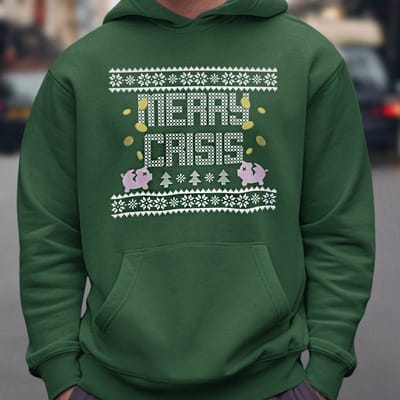 Foute Kerst Hoodie Groen Merry Crisis Piggybank XS - Uniseks Pasvorm - Kerstkleding Voor Dames & Heren