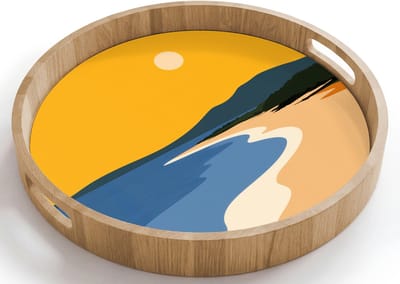 Dienblad rond 40x40 cm - Schootdienblad hout - Kustlijn - Oranje lucht - Begroeiing - Borrelplank rechthoek - Plateau houten dienbladen