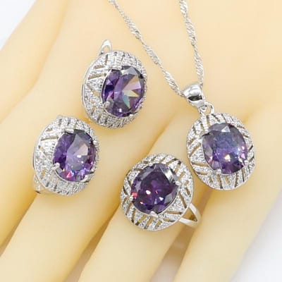 Ensembles de Bijoux Dubai Zirconia Violet Géométrique Pour Femmes Bracelet de Mariée Boucles d'Oreilles Anneaux Collier Pendentif Boîte Cadeau 9 gray