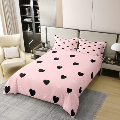 3-delige Beddengoedset met Ritssluiting Rood Hart Dekbedovertrek Queen Liefde Hart Patroon Wit Dekbedovertrek Set Schattige Print US Twin(172x218cm)