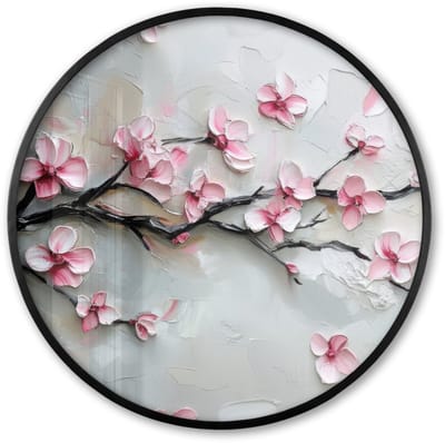 Poster in lijst Rond - Fotolijst 60x60 cm - Posters - Bloesem - Kunstzinnig - Roze - Sakura - Ronde posterlijst zwart - Decoratie - Wanddecoratie woonkamer - Muurdecoratie slaapkamer