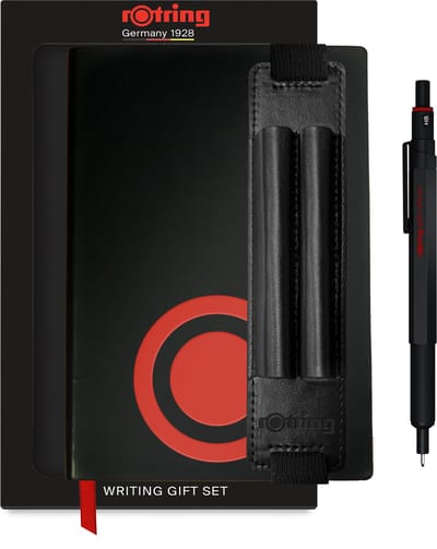 rOtring 600 vulpotlood geschenkset met kunstleren pennentasje en notitieboekje | Vulpotlood (0.5mm) met volledig metalen omhulsel | Zwart | Antislip gekartelde greep en zeshoekige huls