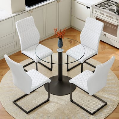 OKWISH Eethoek Set 85 Cm - Ronde Glazen Tafel Met 4 Eetkamerstoelen - Voor Kleine Eethoek - Metaal Glas En Kunstleer