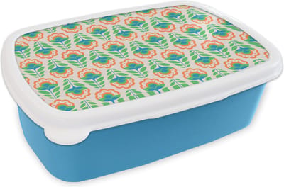 Broodtrommel Blauw - Lunchbox Retro - Bloemen - Design - Groen - Oranje - Brooddoos 18x12x6 cm - Brood lunch box - Broodtrommels voor kinderen en volwassenen