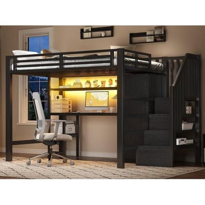 ModernLuxe Mezzanine bed van metaal 140x200 cm - met bureau en kledingkast - trap met opbergruimte - met LED-verlichting - Zwart