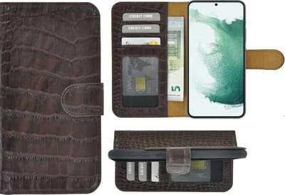 Hoesje Echt Leer Geschikt voor Samsung Galaxy A36 - Bookcase Hoesje - Samsung A36 Wallet Book Case Echt Leer Croco Chocoladerbuin Cover