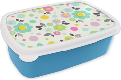 Broodtrommel Blauw - Lunchbox - Brooddoos - Patronen - Bloemen - Bladeren - 18x12x6 cm - Kinderen - Jongen