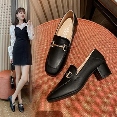 Schoenen Dames Trendy Schoenen Alles-match Kleine Leren Schoenen Dames Britse Stijl Dikke Hak Middelhoge Hak Dames Twee-draagschoenen 41
