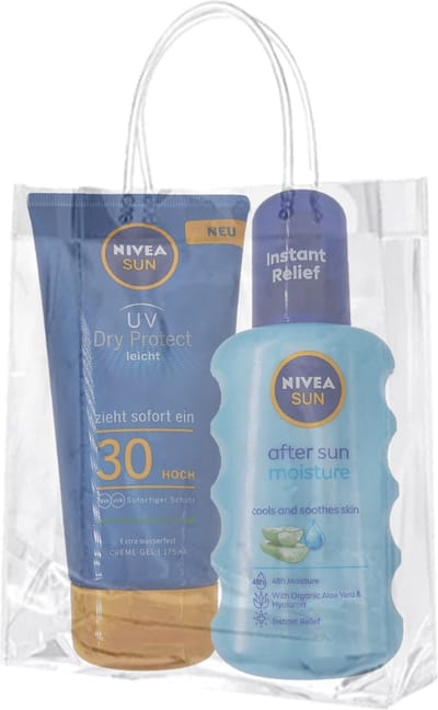 Zonbescherming: Nivea UV Dry Protect SPF 30 175ml en After Sun 200ml in een (geschenk)tasje