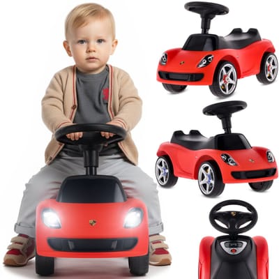 sun baby Loopauto voor kinderen vanaf 18 maanden – Porsche Carrera GT – stuur met knoppen, koplampen, realistische stickers, tot 30 kg, rood