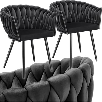 tectake® Set van 2 Fluwelen eetkamerstoelen - Kuipstoel met armleuning in knooplook - Eetkamerstoel - Moderne stoel voor woonkamer en eetkamer - Keukenstoel - Kaptafelstoel - Slaapkamerstoel - Diverse kleuren - Zwart