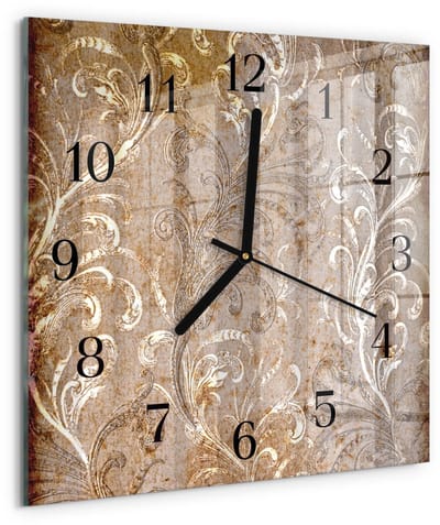 Tulup Wandklok - Bloemenpatroon Klok Glas Met Opdruk - 30x30 cm - Bruin Moderne Wandklok Glas - Zwarte Handen - Vierkante Wandklok - Wandklok Glas Decoratie - Gekleurde Glazen Klok