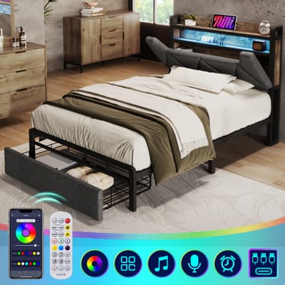 Gestoffeerd bed Bubble bed, USB-oplaadfunctie en hoofdeinde opbergruimte, eenpersoonsbed met opbergruimte, gestoffeerd bed met led-lichtstrip, zonder matras, grijs, 90 x 200 cm