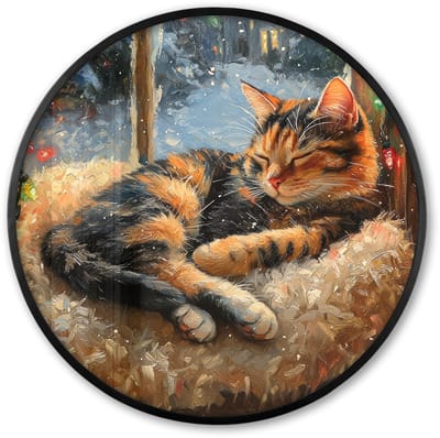 Poster in lijst Rond - Fotolijst 60x60 cm - Posters - Kat - Kerst - Winter - Dier - Ronde posterlijst zwart - Decoratie - Wanddecoratie woonkamer - Kerstdecoratie voor binnen - Kerstversiering - Kerstmis versiering in huis - Kerstaccessoires