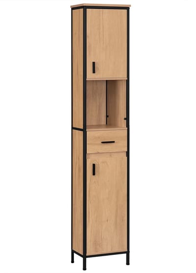 Bresht Badkamerkast - Badkamermeubel - Ruime opbergindeling - Kantelbeveiliging - Zwart en licht eiken - 30 × 30 × 180 cm