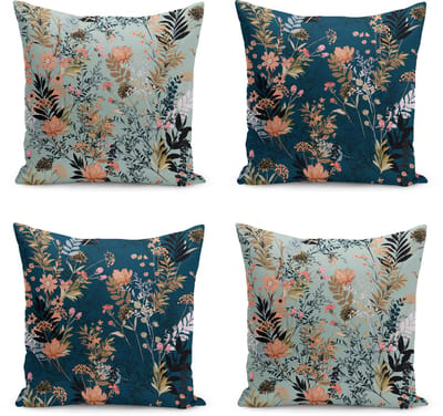 Kussensloop - kussenhoes - Sierkussenhoes - hoes voor sierkussens Flora - Velvet Kussenhoes set van 4 - 50x50 - Bloemen op donkerblauw/lichtblauw - Kussensloop