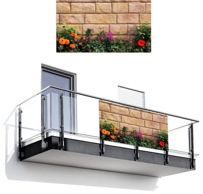 Balkonscherm 200x110 cm - Balkonposter Bloemen - Bakstenen - Kleurrijk - Balkon scherm decoratie - Balkonschermen - Balkondoek zonnescherm
