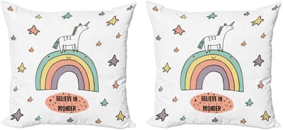 ABAKUHAUS Eenhoorn Kussenhoes – 2x45x45 cm – Regenboog Sterren – Dubbelzijdig