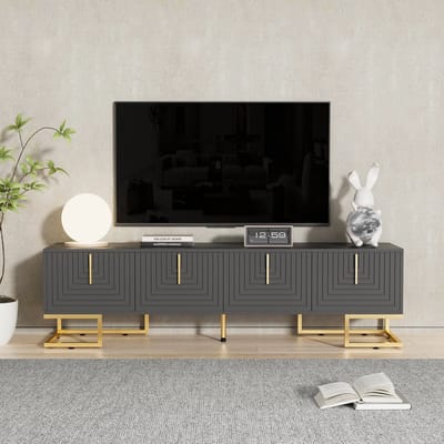 Sweiko TV kast, Gouden handgrepen en Handgrepen, Vier deuren, Laag paneel met getextureerde deuren, Zwart Grijs, TV meubels met opbergruimte