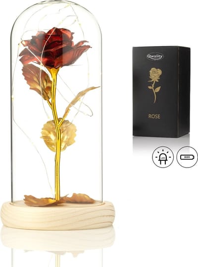 Luxe Roos in Glas met LED – Gouden Roos in Glazen Stolp – Moederdag - Cadeau voor vriendin moeder haar - Rood met Blaadjes - Lichte Voet - Qwality®