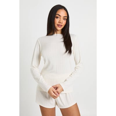 boohoo Dames Pointelle Pyjama Set met Lange Mouwen Top en Korte Broek | Beige | Maat: 42