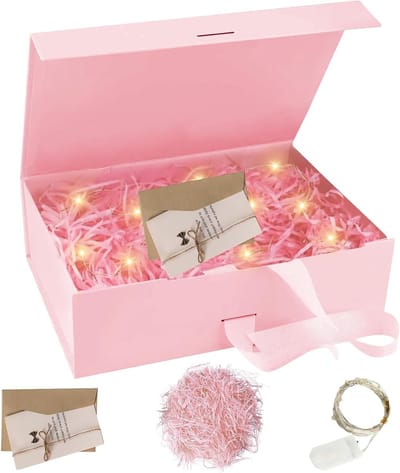 Cadeaubox 21 x 17 x 7 cm met Strik, Inclusief Kaart en Creatief Licht, Perfect voor Verjaardag, Valentijnsdag en Kerstmis