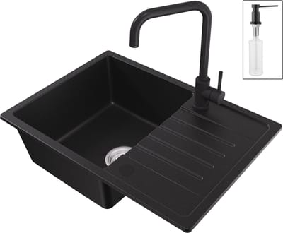 CECIPA max Spoelbak Keuken 65x45cm - Spoelbakken Met Keukenkraan en Zeepdispenser - Granieten Spoelbakken Zwart - Enkele spoelbak - Incl. Sifon en Afvoerzeefje