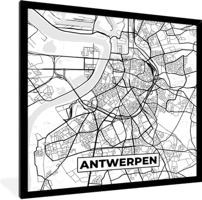 Fotolijst incl. Poster Zwart Wit- België – Antwerpen – Stadskaart – Kaart – Zwart Wit – Plattegrond - 40x40 cm - Posterlijst