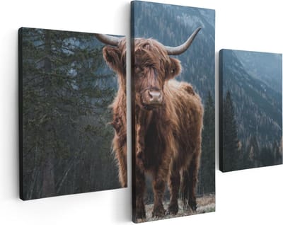 Artaza Canvas Schilderij Drieluik Schotse Hooglander Koe In De Bergen - 90x60 - Foto Op Canvas - Canvas Print