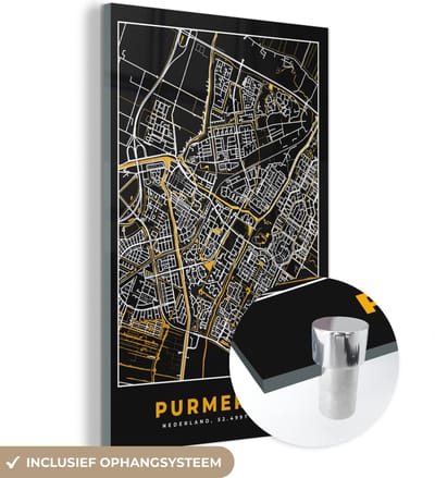 MuchoWow® Glasschilderij 40x60 cm - Schilderij acrylglas - Plattegrond - Purmerend - Goud - Zwart - Foto op glas - Schilderijen - Stadskaart