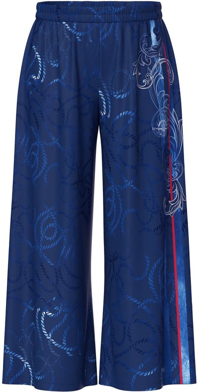 Ulla Popken - Dames - Wijde broek koordmotief wijde pijpen elastische tailleband - Donkerblauw - Maat 42+