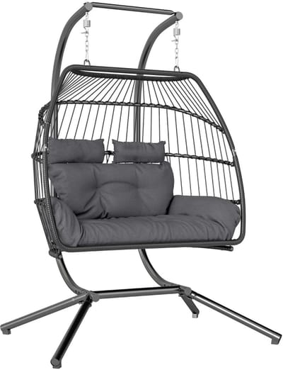 Egg Hangstoel met Standaard & Kussen - Egg Chair voor 2 Personen - Stalen Frame - Opvouwbare Hangschommel - Schommelstoel - Tuinstoel - tot 260 kg - voor Binnen / Buiten - voor Tuin, Terras, Balkon - Donkergrijs