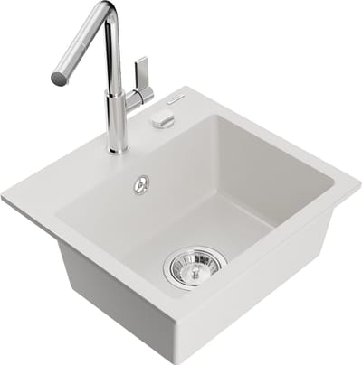 Mexen Milo granieten spoelbak 1-komor met keukenkraan Flora, wit - 6505-20-670401-00